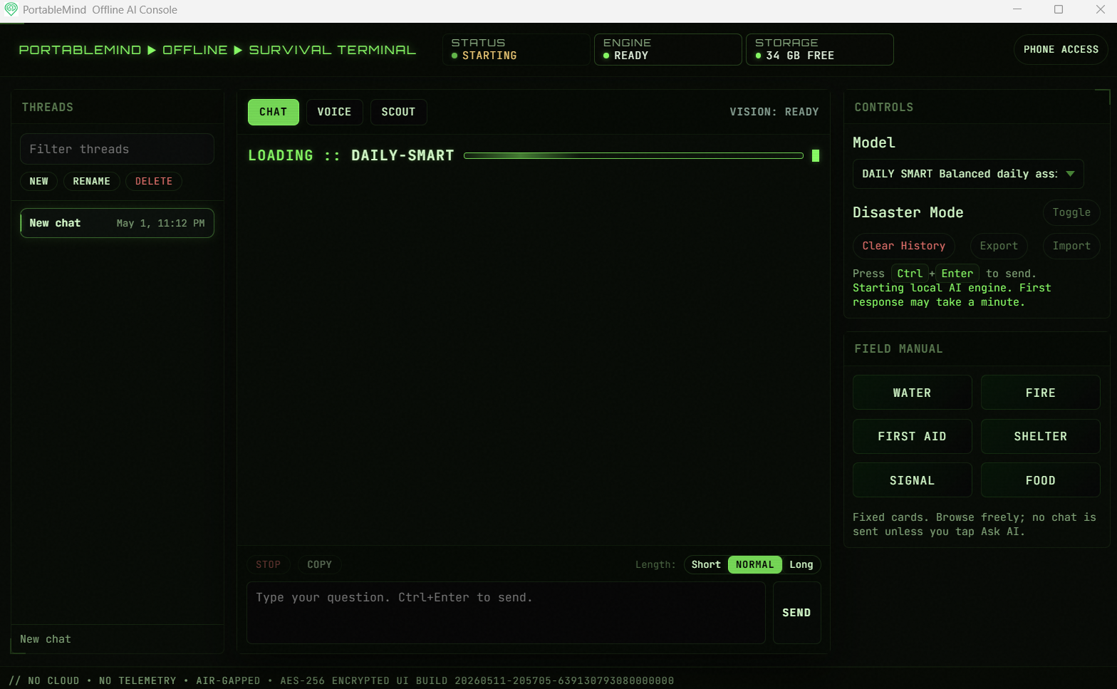 PortableMind 1.5 desktop app — chat tab with model picker, disaster mode, and the field manual rail