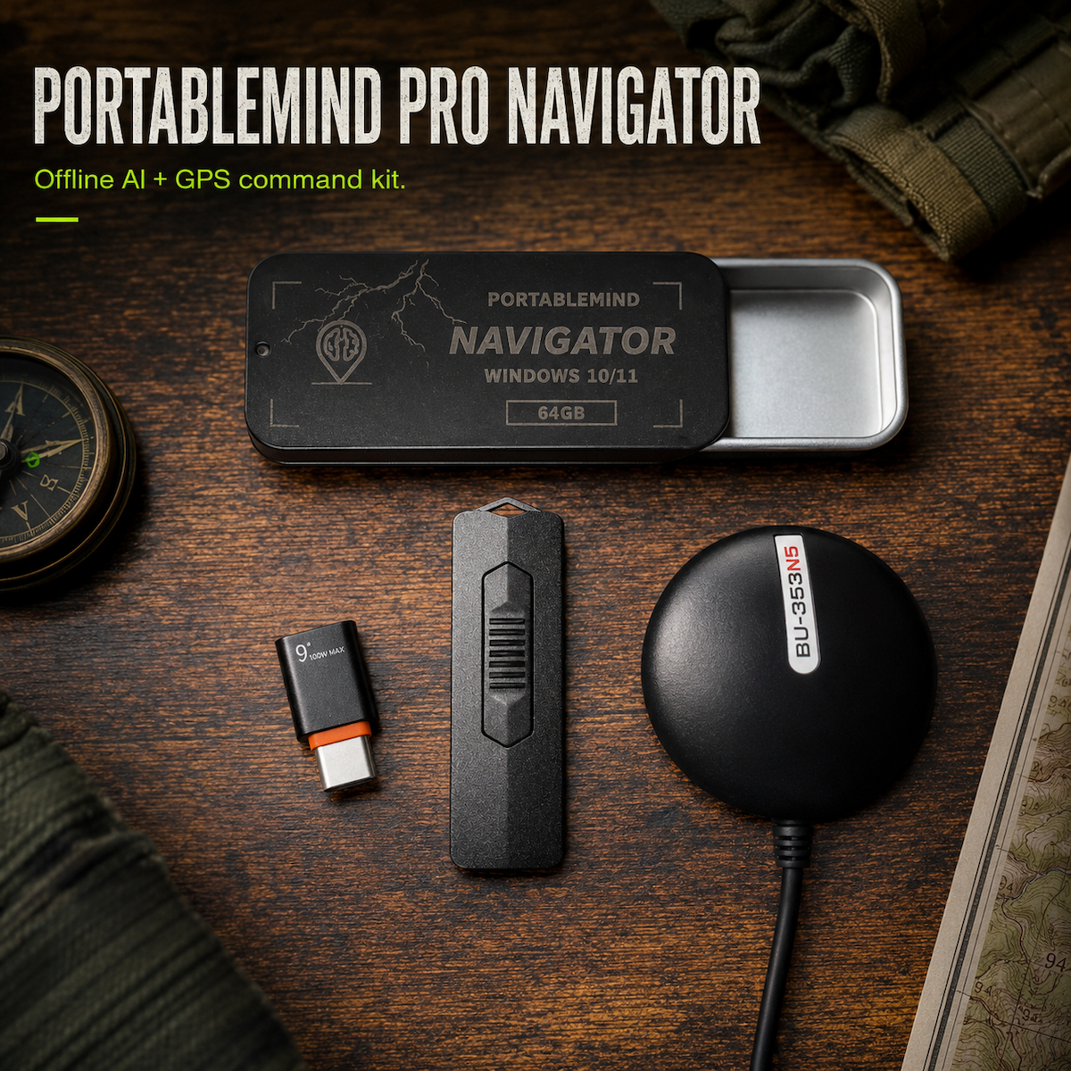 PortableMind PRO Navigator kit, the Navigator USB in a slide-tin case, a BU-353N5 USB GPS receiver, and a 100W USB-C adapter laid out on a field desk beside a compass and topo map